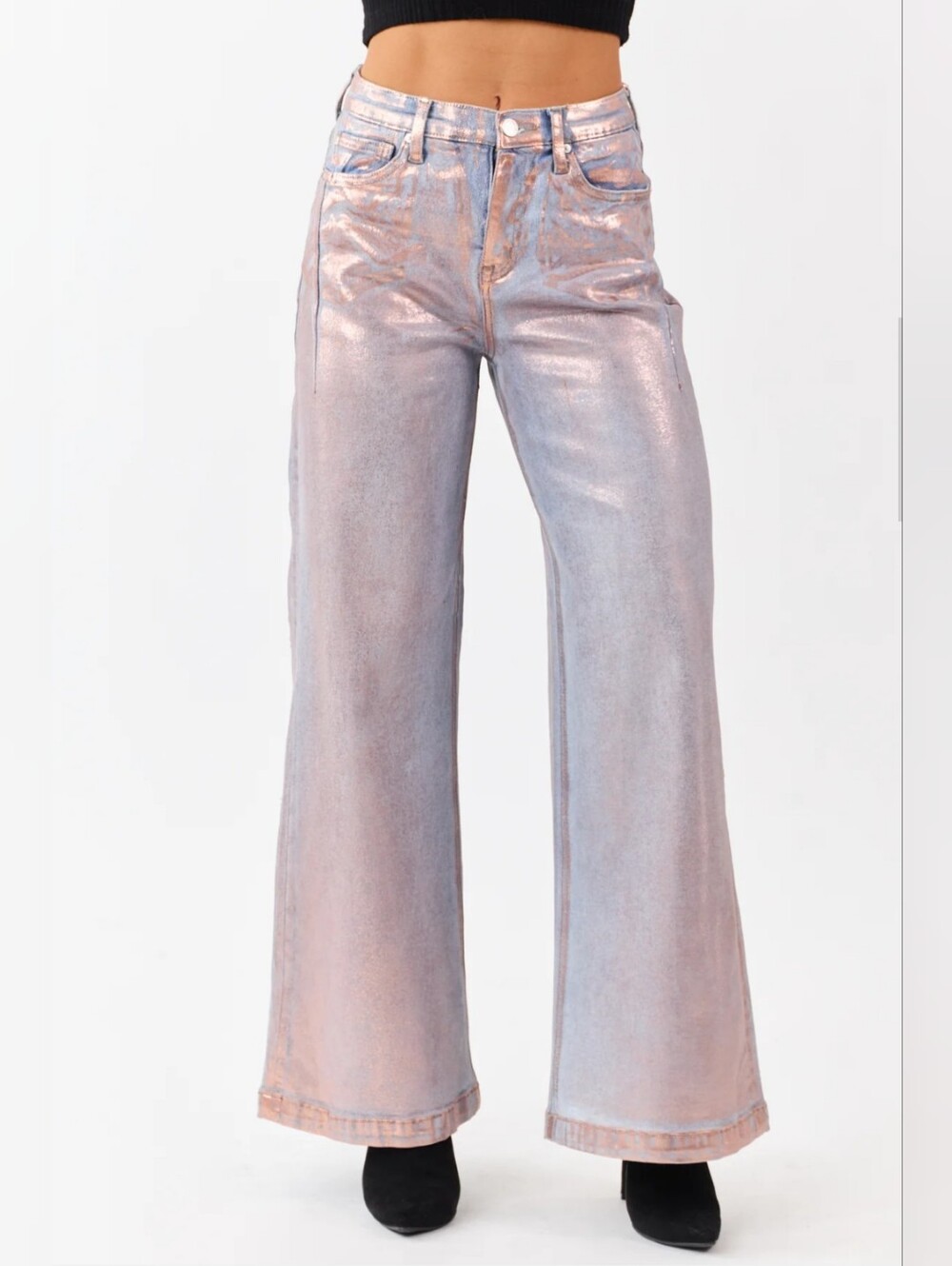 NWT: Pink Metallic Wide Leg Tummy Control Jeans - Size 11/30